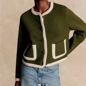 Sezane Green and Cream Brielle Cardigan